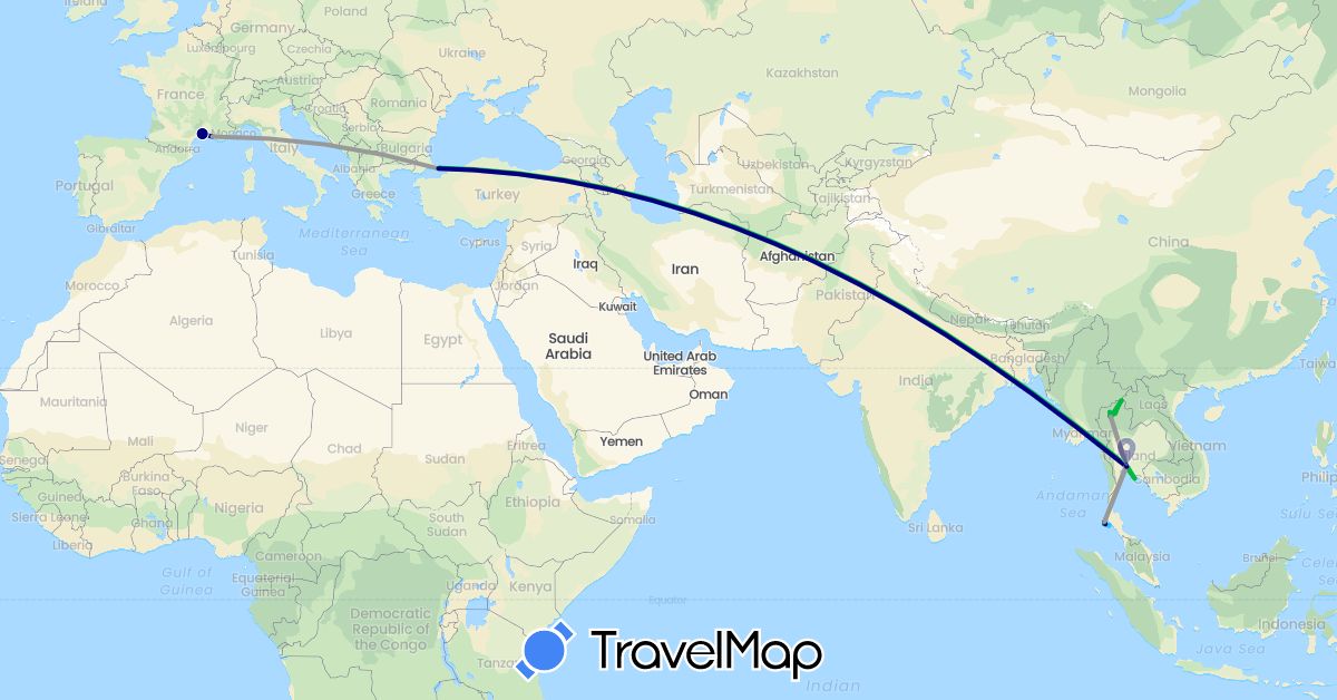 TravelMap itinerary: driving, bus, plane, hiking, boat in France, Thailand, Turkey (Asia, Europe)